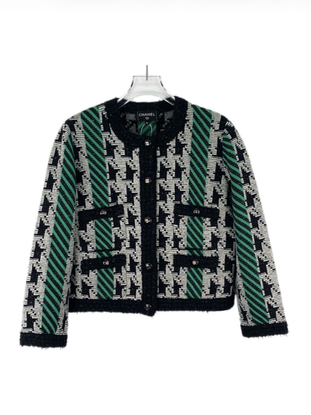 Chanel Herringbone-Pattern Knit Sheep's Wool Single-Breasted Long-Sleeve Jacket